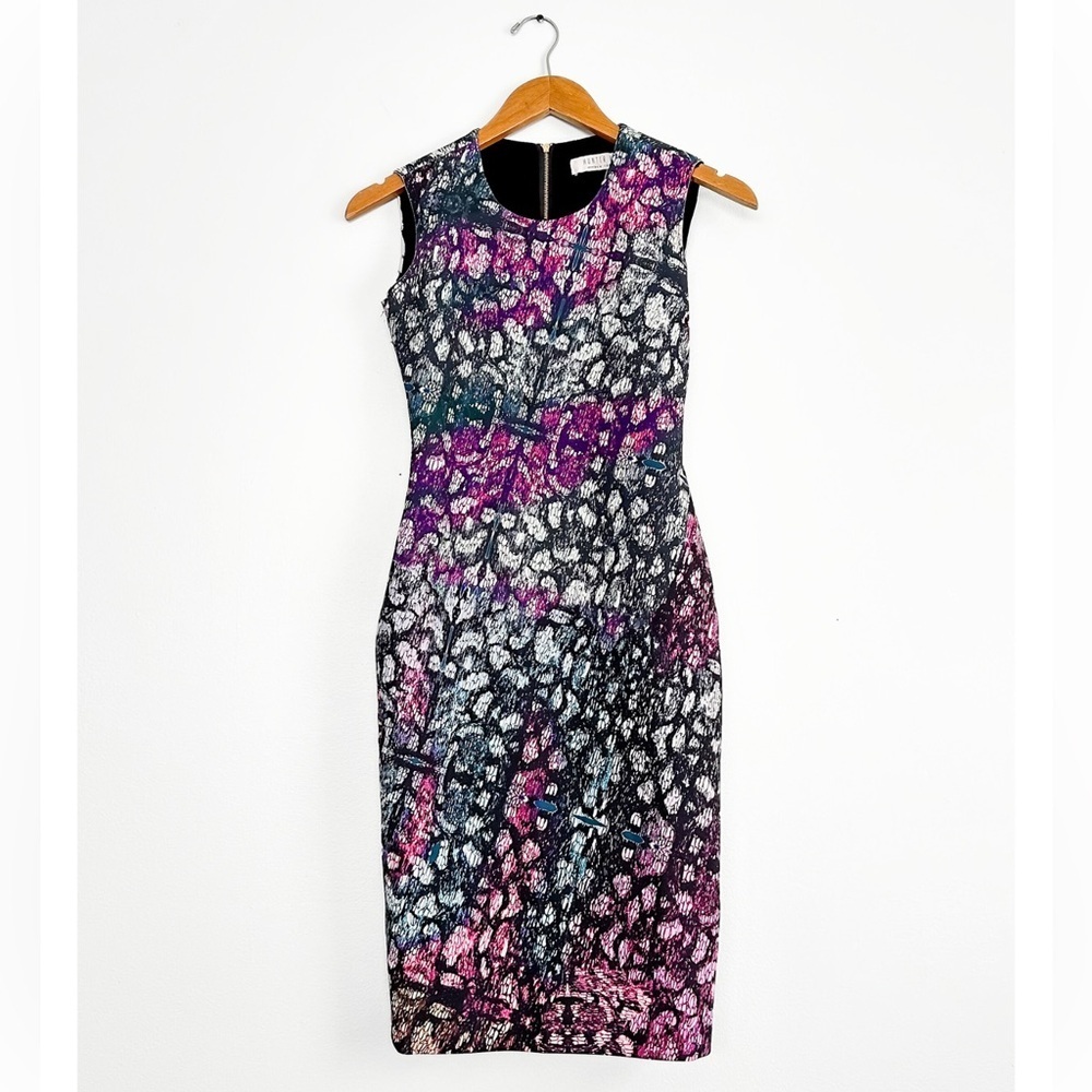 Hunter Bell Scuba Purple Black Abstract Body con Dress size XS
